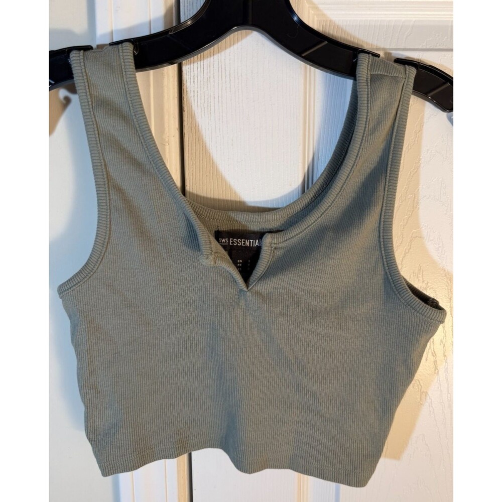 SWS Essentials Women's Small Sage Green Ribbed Split Neck Crop Tank Top